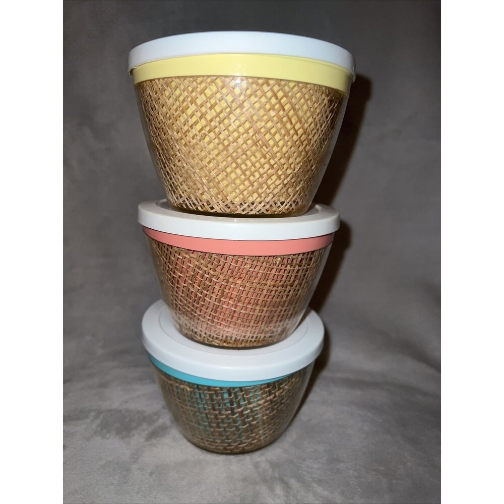 Vtg Raffia Raffiaware Burlap Rattan Melmac Plastic Rafiaware 3 Bowls W/ Lids